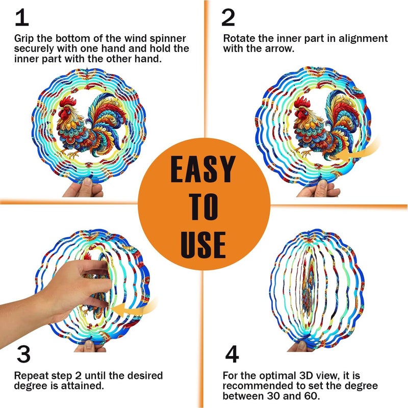 PUCPAM Rooster Wind Spinner, 3D Hanging Stainless Steel Garden Spinner, Wind Spinner Hanging for Outdoor & Indoor Décor, Unique Gifts for Yard Garden Decoration or Patio Décor (Rooster) - Image 3